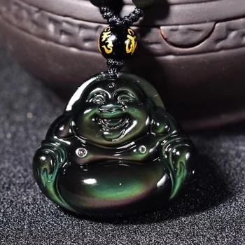 1pc Natūralus vaivorykštinis obsidianas akių drožyba Buda pakabukas + Rutuliukų Grandinė, kristalai ir akmenys, gydymo