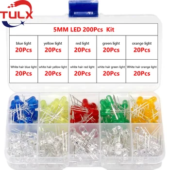 200pcs 5mm 10 rūšių LED Diodų Rinkinys Asorti Balta Žalia Raudona Mėlyna Geltona Oranžinė F5 Led Šviesos Diodai 