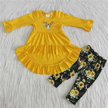 2021 naujas stilius Kompensuoti spausdinti jautis galva geltona saulėgrąžų ilgomis rankovėmis suitset drabužių rinkinys vaikams boutique apranga vaikams, drabužiai