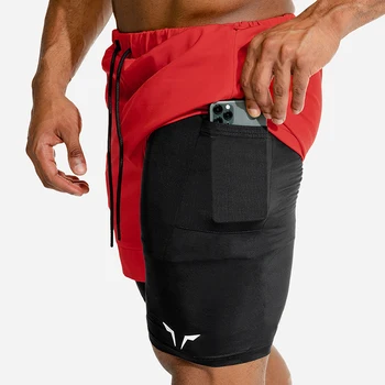 2021 Vasaros nauji vyriški sportiniai šortai 2 in 1 saugos kišenėje veikia šortai vyrų dvigubo sluoksnio kvėpuojanti fitneso mokymo kelnės vyrams