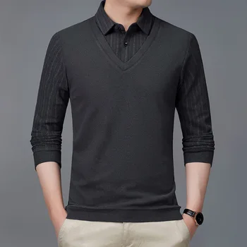 2022 m. Pavasarį Naujas Vyrų Netikrą Dviejų dalių Markės Trikotažas Rudenį Verslo Atsitiktinis Laisvas Megztinis Vyrų Aukštos Kokybės Long Sleeve T-shirt Nuotrauka 2