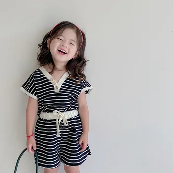 2022 M. Vasarą Naujų Mergaičių Retro Dryžuotas Backless Kostiumas Korėjos Versija Vaikai Berankovis Viršų Šortai Kostiumas Boutique Drabužių GirlsClothing