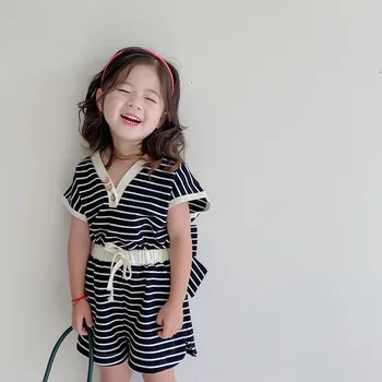 2022 M. Vasarą Naujų Mergaičių Retro Dryžuotas Backless Kostiumas Korėjos Versija Vaikai Berankovis Viršų Šortai Kostiumas Boutique Drabužių GirlsClothing Nuotrauka 2