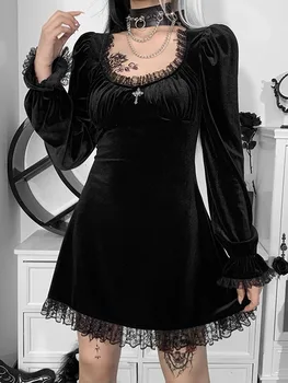 Aksomo Vintage Suknelė Gothic Black ilgomis Rankovėmis Kratinys Nėrinių Suknelės Estetinės y2k Moterų Drabužių Streetwear Klubo Šalis Suknelė