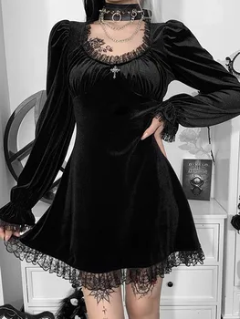 Aksomo Vintage Suknelė Gothic Black ilgomis Rankovėmis Kratinys Nėrinių Suknelės Estetinės y2k Moterų Drabužių Streetwear Klubo Šalis Suknelė Nuotrauka 2