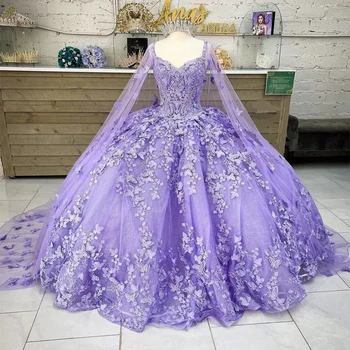 Alyvinė Drugelis Quinceanera Suknelę m/Cape Promenadzie Suknelė Nėrinių Aplikacijos Saldus 16 Suknelė Vestidos De XV Anos