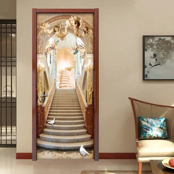 Angel Laiptai Europos Stiliaus Kambarį 3D Durų Lipdukas, Sienos Tapetai, Freskos Vandeniui PVC lipnios Durų Lipdukai Tapyba Nuotrauka 2