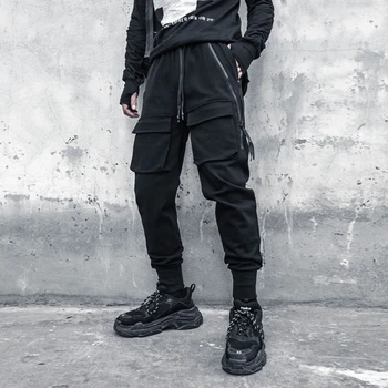 AOGZ Vyrų Krovinių Kelnės Atsitiktinis Palaidų Užtrauktukas Kišenės Poilsiu Kelnes Hip-Hop Kelnės Kelnės Harajuku Streetwear Techwear Kelnės Juoda Nuotrauka 2