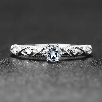 Art Deco Kietas 10k Baltasis Auksas Gamtinių Deimantų, Dalyvavimas Vestuvinį Žiedą, Akvamarinas Moterų Fine Jewelry-Metį Retro Nuotrauka 2
