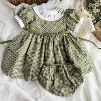 Baby girl vasaros derliaus ispanijos pledas princesė dress vaikai sluoksniuotos rankovėmis išsiuvinėti mielas medvilnės suknelė