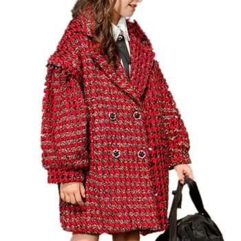 Baby girl žiemos derliaus Houndstooth vilnos mišiniai paltas vaikai ir paauglys, žibintų rankovės ilgos outwear