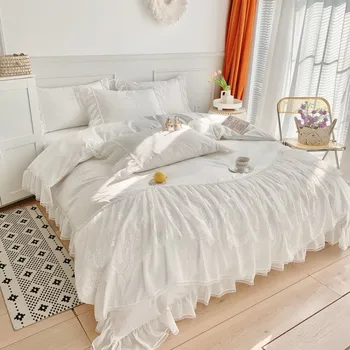 Balta Antklode Padengti su Prabangus Elegantiškas Ruffles Dukart Sluoksnių Nėriniais, Kutais Premium Egipto Medvilnės Patalynės paklode Pillowshams Nuotrauka 2