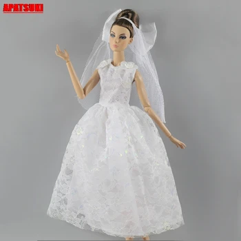 Balta Vestuvinė Suknelė Baltos Spalvos Lankas Šydas, Rankovių Šalis Suknelė Barbie Lėlės Komplektus Drabužius Barbie Lėlių Aksesuarai Vaikams