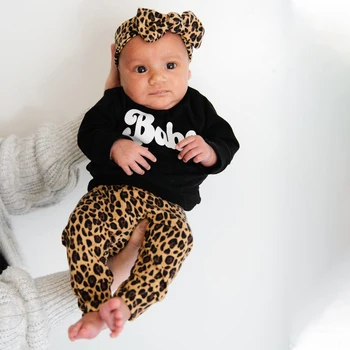 Bamblys Baby Girl Rudenį Drabužių Rinkinys Ilgomis Rankovėmis Kūdikiams Susagstomi Megztiniai Megztinis Hoodie Marškinėliai+Leopard Kelnes OutfitsKids Drabužiai Nuotrauka 2