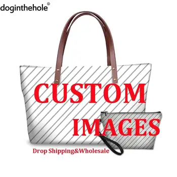 doginthehole Custom Savo Logo/Image/Pavadinimas/Photo Print Moterų 2VNT Nustatyti, Rankinės, Prekės Dizainas Lady Nešti Pirkinių Krepšys Moterų Krepšiai