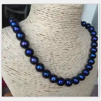 elegantiškas AAA 10-11mm tahitian juoda mėlyna apvalių perlų vėrinį 45cm