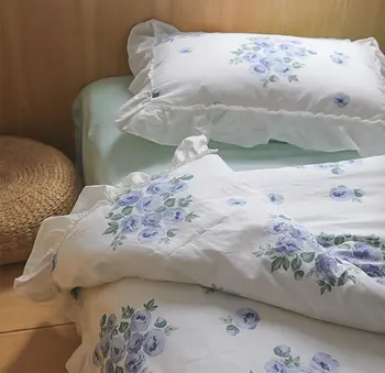 Elegantiškas gėlių mėlyna žalia patalynės komplektas,romantiškas prancūzijos rožių medvilnės twin visą karalienė namų tekstilės butas lapas užvalkalas antklode padengti