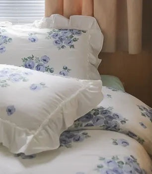 Elegantiškas gėlių mėlyna žalia patalynės komplektas,romantiškas prancūzijos rožių medvilnės twin visą karalienė namų tekstilės butas lapas užvalkalas antklode padengti Nuotrauka 2