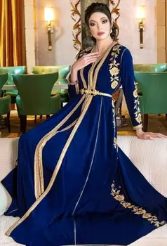 Elegantiškos Maroko Caftan Mėlyna Vakaro Suknelės Ilgomis Rankovėmis Siuvinėjimo Gėlių Appliques Musulmonų Vakarinę Suknelę Kaftan Arabų Prom Dress