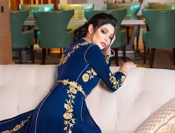Elegantiškos Maroko Caftan Mėlyna Vakaro Suknelės Ilgomis Rankovėmis Siuvinėjimo Gėlių Appliques Musulmonų Vakarinę Suknelę Kaftan Arabų Prom Dress Nuotrauka 2