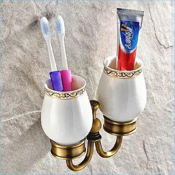 Europos stiliaus Antikvariniai žalvaris dvigubas dantų šepetėlį masažuoklis turėtojas,vonios kambarys taurės masažuoklis Turėtojai,J15298