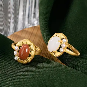Gamtos Khotan jade Originalus Naujas Sidabro Inkrustacijos Hetian Jade Pearl Nišą Dizainas Šviesos Prabanga Moterų Atidarykite Reguliuojamas Žiedas