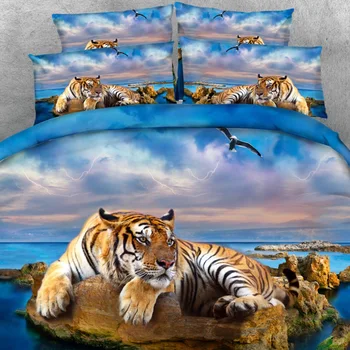 Goldeny 4 Dalių Vienam Nustatyti Didinga Tigras atsipalaiduoti uolėtas paplūdimys HD Digital 3d gyvūnų lova rinkinys