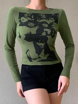 Grafinis Spausdinti Apkarpyti Viršūnes 90-ųjų Derliaus Moterys ilgomis Rankovėmis Liesas T-shirt Y2K Moterų Pavasarį, Rudenį Pagrindinio Tees Harajuku Streetwear
