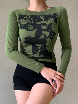 Grafinis Spausdinti Apkarpyti Viršūnes 90-ųjų Derliaus Moterys ilgomis Rankovėmis Liesas T-shirt Y2K Moterų Pavasarį, Rudenį Pagrindinio Tees Harajuku Streetwear Nuotrauka 2