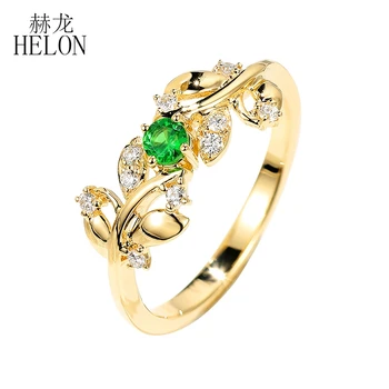 HELON Kietas 14 KARATŲ Geltonasis Auksas 0.12 ct Gamtos Smaragdas & 0.10 ct Deimantinis Sužadėtuvių, Vestuvių Moterų Madinga Lapų stiliaus Fine Jewelry Žiedas Nuotrauka 2