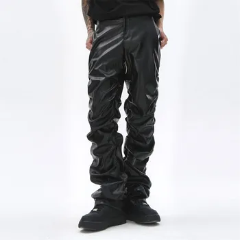 HOUZHOU Punk Motociklo Odinės Kelnės Dirbtiniais Odos Y2K Hipių Vyras Moto Kelnės Vyrų Harajuku Streetwear Hip-Hop Darkwear Sulankstyti