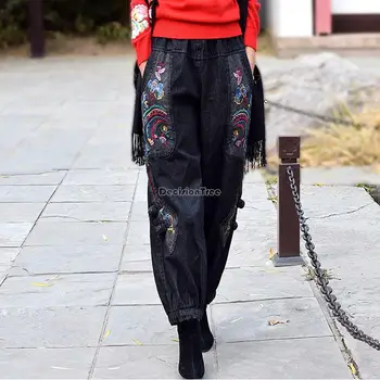 Iki 2023 m. rudens/žiemos thicked kinijos etninės stiliaus, siuvinėtų pražysti palaidų montavimo džinsus moterų derliaus plataus kojų kelnės g968