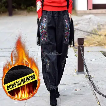 Iki 2023 m. rudens/žiemos thicked kinijos etninės stiliaus, siuvinėtų pražysti palaidų montavimo džinsus moterų derliaus plataus kojų kelnės g968 Nuotrauka 2
