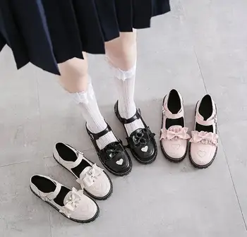 Japonijos harajuku kawaii girl saldus lolita batai senovinių nėrinių pynimas bowknot meilės kawaii batai apvalios galvos moterų batai loli cos Nuotrauka 2