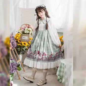 Japonijos Saldus Sielovados Stiliaus Jsk Lolita Dress Moterų Mielas Derliaus Rankovių Raukiniai Animacinių Filmų Spausdinti Princess Arbatėlė Suknelės