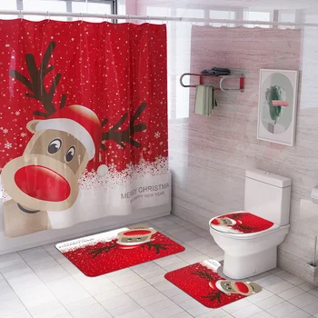 Kalėdų spausdinti dušo užuolaidų, kilimų Navid grindų kilimėlis vonios kambarys kartu tualeto kilimėlis vonios užuolaidų komplektas Nuotrauka 2