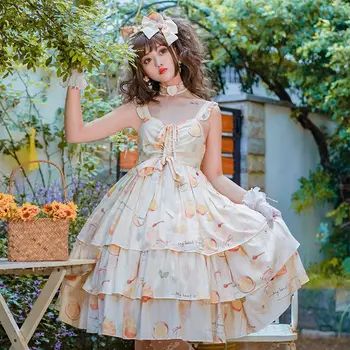 Lolita Viktorijos Derliaus Moterų Berankovis Medus, Citrina Spausdinti Princesė Šalis Suknelės Mergaičių Japonijos Saldus Kawaii Jsk Lolita Dress Nuotrauka 2