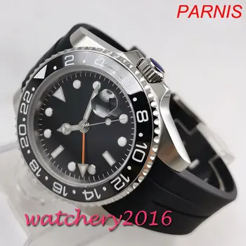 Mados 40mm PARNIS sterilaus Black dial No Logo Safyras laikrodžiai vyrams GMT žiūrėti 2019 Prabangos Prekės Automatinis Judėjimo mens Watch