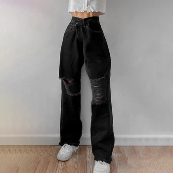 Mados Skylių Aukšto Juosmens Džinsai Femme Pantalon Derliaus Streetwear Prarasti Korėjos Kelnės Poilsiu Moterų Džinsinio Audinio Kelnės Nuotrauka 2