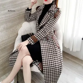 Mados vilnoniai paltai moterims, vidutinio ilgio, rudenį ir žiemą, naujas stilius karšto pardavimo korėjos houndstooth plonas vilnonis paltas