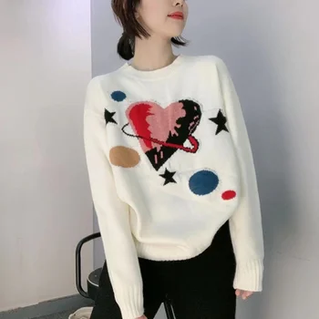 Meilė Širdies Star Siuvinėjimo Megztinis Džemperis Moterims Džemperiai 2021 M. Rudens Žiemos Džemperis Moterims Juoda Balta Įgulos Kaklo Trikotažas Nuotrauka 2