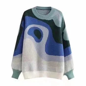 Moterų atsitiktinis mėlyna ir balta minkšta ilgomis rankovėmis megzti negabaritinių megztinis Mados kontrasto spalvų prarasti apvalios kaklo megztinis (puloveris) Nuotrauka 2