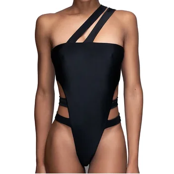 Moterų vientisi maudymosi Kostiumėliai, Retro Tvarstis Aukštos Sumažinti Monokini Pasviręs Peties Dizaino Moterų Paplūdimio Plius Dydis XL, XXL Bikini