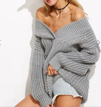 Nauja rudens ir žiemos ilgomis rankovėmis V-kaklo, storas megztas megztinis kailis moterims