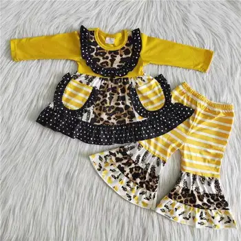 naujas dizainas, mergaitės, apranga, pynimas kišenės dizaino leopardas spausdinti ilgomis rankovėmis juostele kelnės 100% medvilnės, vaikams, drabužiai didmeninė kinija