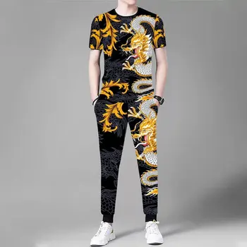 Nauji vyriški Vasaros Trumpas rankovėmis Apvalios Kaklo marškinėliai + Ilgas Kelnes 2-gabalas 3D Spausdinimo Kinų Drakonas Laisvalaikio Drabužiai Madingi Laisvi Viršų