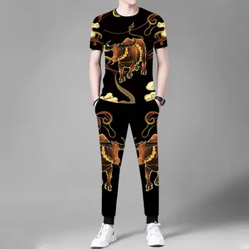 Nauji vyriški Vasaros Trumpas rankovėmis Apvalios Kaklo marškinėliai + Ilgas Kelnes 2-gabalas 3D Spausdinimo Kinų Drakonas Laisvalaikio Drabužiai Madingi Laisvi Viršų Nuotrauka 2