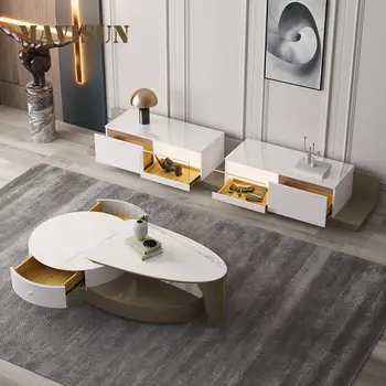 Nordic Light Luxury Living Room Nustatyti mažame Bute Namų White Rock Valdybos Kavos staliukas Ir TV Kabineto Baldai, Namų