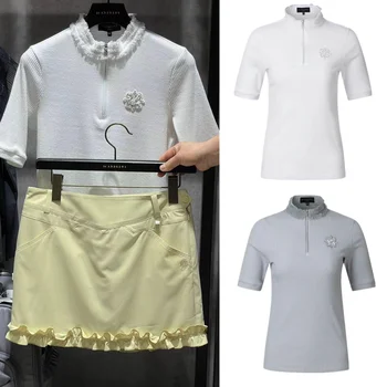 Pavasario/vasaros 2022 Naujas golfo marškinėliai, stilingas moterų slim Polo marškinėliai, elastinga megzti moterų stovėti apykaklės, pusė užtrauktukas, trumpas rankovės