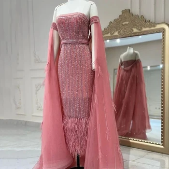 Prabangus Sidabro Rožinė Undinė Vakaro Suknelės Chalatai 2022 Puošnios Plunksnos Kulkšnies Ilgis Moterų Suknelės, Šaliai